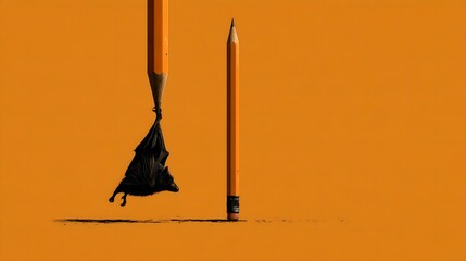 Obraz premium Halloween school stationery concept with an orange pencil pointing down and a black bat hanging from its tip beside an upright pencil on an orange background