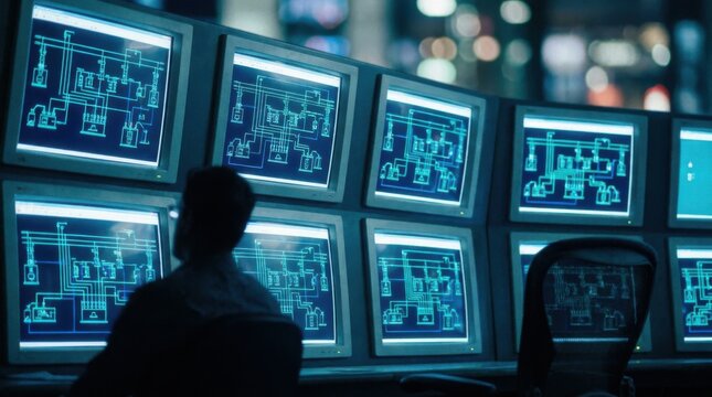 Control room analyst monitoring wall of screens showing power grid transmission lines and substation status.