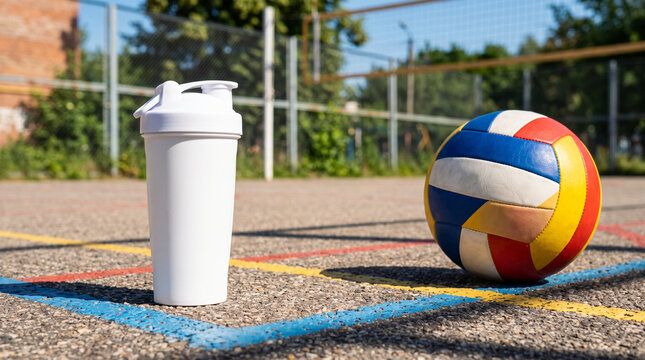 Blank shaker bottle beside volleyball on outdoor court. Sports drinkware mockup for fitness branding. Hydration and athletic product presentation. Volleyball court equipment and recreation.