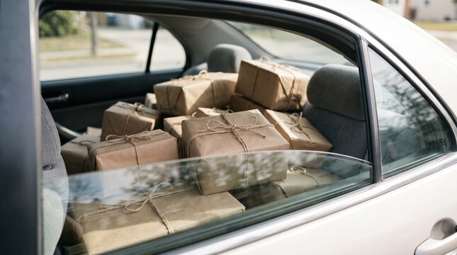 Numerous brown paper wrapped gifts tied with twine fill the back seat of a car, suggesting last minute shopping or delivery