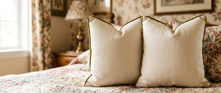 Pair of neutral linen throw mockup pillows on a floral quilted bed. Bedroom decor and home textiles. Cozy bedding inspiration for a guest room. Timeless classic cottage bedroom style.