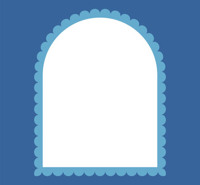 Sky-toned scalloped lace arch border frames empty white center on deep navy background as decorative trim label template for baby announcements, invitations or minimal clean stationery.