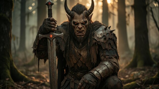 Fierce Orc Warrior With Horns And A Large Sword In A Misty Forest