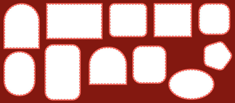 Coral scalloped lace border frames form arch, square, oval, rectangle plus pentagon shapes on burgundy background as bold modern trim vector illustration for invitations, labels and cards.