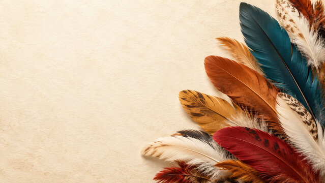 Colorful feather banner with space for text for the International Day of the World's Indigenous Peoples, festive cultural celebration design.