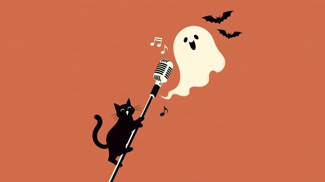 Halloween concert poster with a black cat singing into a vintage microphone while a cream ghost floats with musical notes and bats on orange, flat vector design
