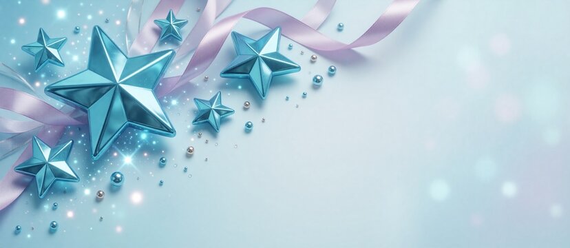 Elegant blue star decoration with flowing pink ribbon and shimmering beads on a soft gradient background. Premium festive design.