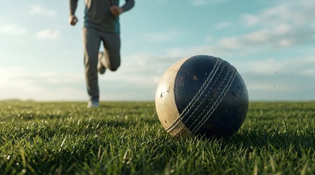 Cricket ball resting on grass with athlete running in distance