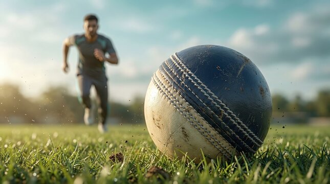 Cricket ball resting on grass with player running in the background