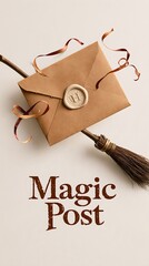 Fototapeta premium Vintage kraft envelope with wax seal and swirling ribbon crossed with wooden broom, wizard mail concept flat lay on beige background for invitation design