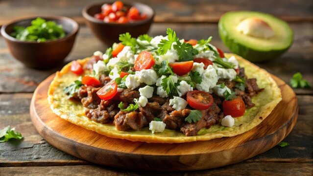 Crispy corn tortilla topped with tender beef