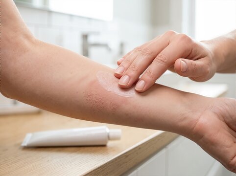 Close up of patient applying medicinal cream on eczema irritated skin on arm. Dermatological treatment for dry rash