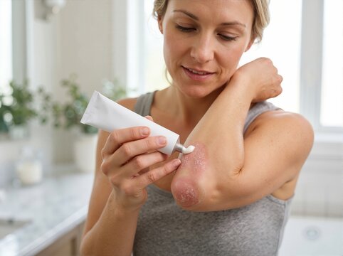 Woman applying topical cream to treat psoriasis plaque on elbow. Dermatological skincare treatment for eczema and dry scaly skin condition