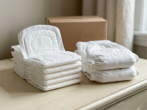 Stacks of adult incontinence pads and pull up diapers on counter. Incontinence hygiene products