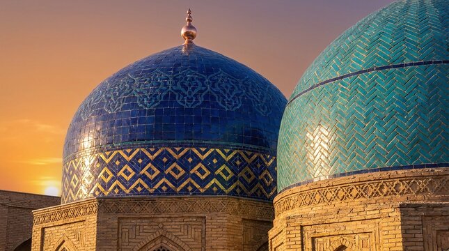 Ancient mosque domes with blue mosaic tiles at sunset