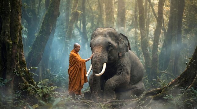 Buddhist monk touching an elephant in a lush tropical forest, spiritual connection and wildlife harmony in nature, cinematic photography