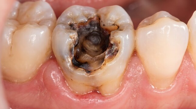 Severe tooth decay showing a deep dark cavity inside human molar macro photography detail