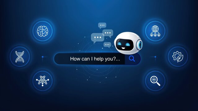 Artificial intelligence chatbot interface with search bar and digital on blue background, representing modern technology, and machine learning, communication concepts