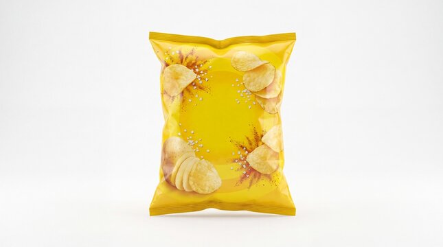 Potato chips bag mockup isolated with yellow packaging design and crispy snacks on white background