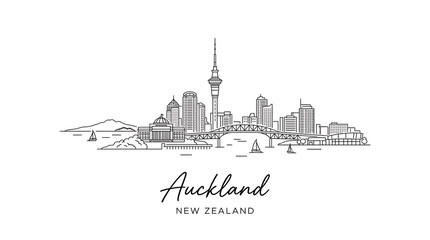 Fototapeta premium Minimalist Line Drawing of Auckland New Zealand Sky with Iconic Skyline and Harbour View for Travel and Cityscape Enthusiasts