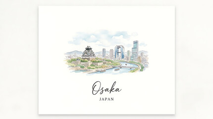 Obraz premium Elegant watercolor illustration of Osaka Japan showcasing skyline with historic castle and modern skyscrapers