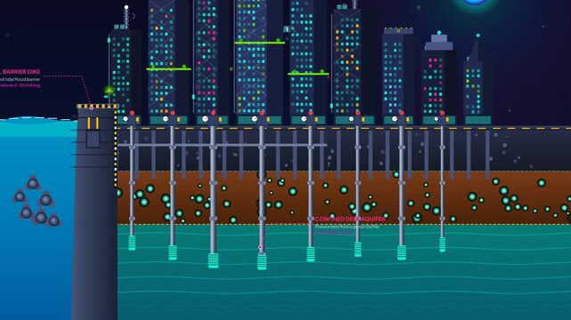 Animation illustrating coastal land subsidence caused by unregulated deep groundwater extraction, resulting in hydrodynamic squeeze, megacity elevation drop, and catastrophic coastal inundation breac