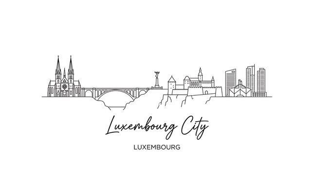 Elegant minimalist line drawing showcasing iconic Luxembourg City skyline with historic architecture and modern buildings outline