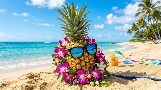 Pineapple wearing sunglasses decorated with tropical flowers on a sandy beach, summer vacation concept, high resolution travel photography