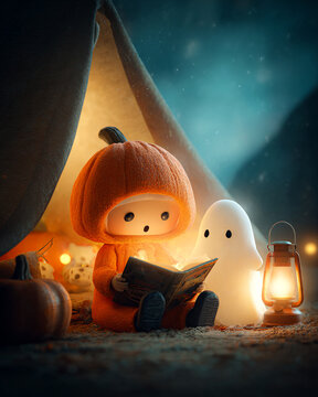 Child in pumpkin costume reading under lantern with a friendly ghost