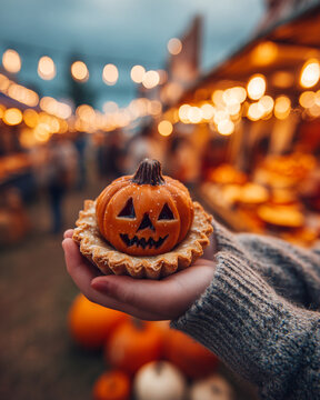 Child holding mini apple pie with smiling jack o lantern face at harvest fair
