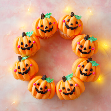 Cheerful jack o lantern cupcakes arranged as playful autumn wreath