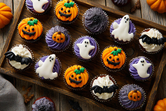 Halloween cupcakes with pumpkin, ghost, and bat decorations on rustic wooden tray