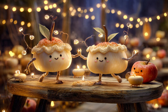 Enchanted apple pies with cute faces dancing under golden fairy lights