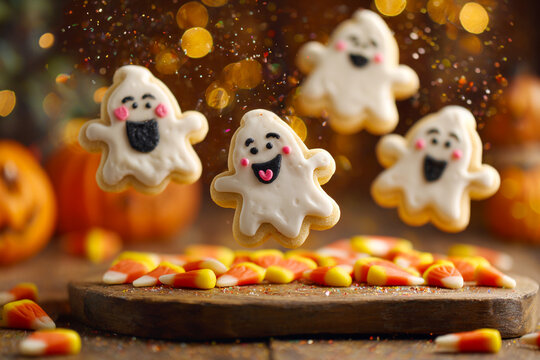 Magical ghost-shaped cookies with playful expressions floating above wooden table