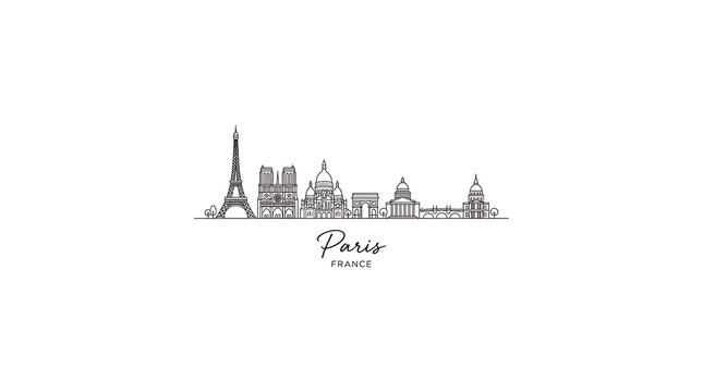 Minimalist line art illustration of iconic Paris skyline featuring Eiffel Tower and historic landmarks with elegant handwritten
