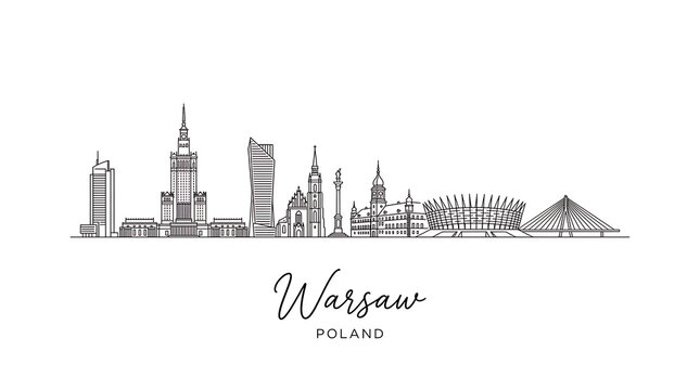 Minimalist skyline of Warsaw Poland featuring iconic buildings and landmarks in elegant line art style