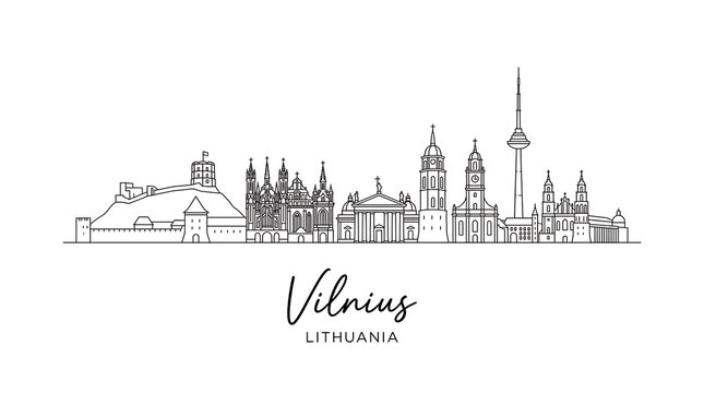 Minimalist Line Drawing of Vilnius City Skyline Showcasing Architectural Diversity in Lithuania