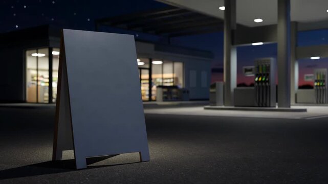 Blank white A-frame sign board mockup stands on asphalt at a modern gas station during warm sunset light, showing an empty outdoor advertising display beside fuel pumps and canopy area
