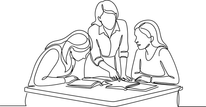 A continuous line art drawing depicting a teacher helping students study at a desk.