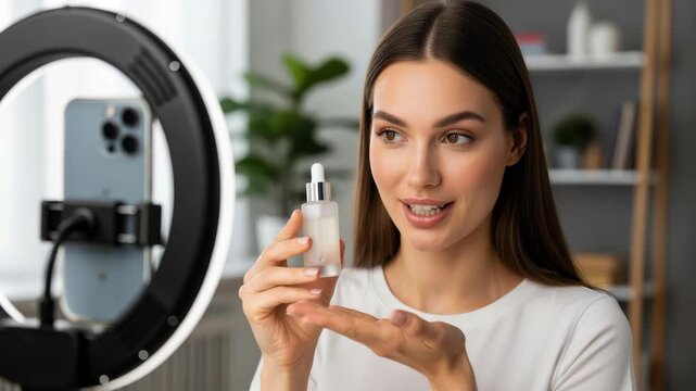female beauty influencer recording skincare video with smartphone and ring light while demonstrating facial serum and smiling