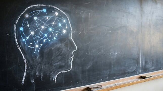 Chalk profile of human head with abstract connected dots representing cognitive functions and psychology on blackboard