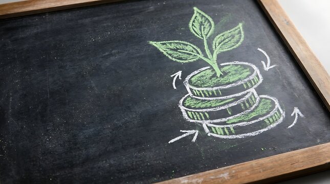 Stack of coins with growing plant and circular arrows on blackboard representing sustainable investment and green finance