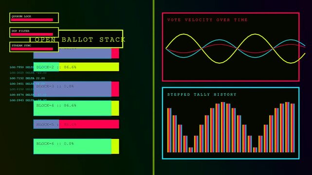 A digital interactive poll display shows vibrant wave patterns and scrolling graphical data bars for monitoring live stream updates within a sleek dark monitor interface screen