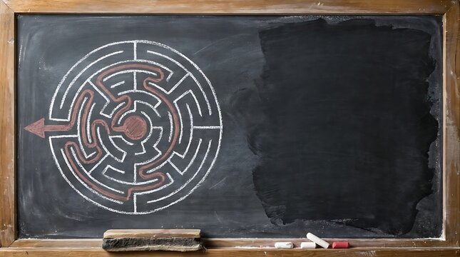 Circular maze drawing with solution path leading out on blackboard representing problem solving and strategic direction