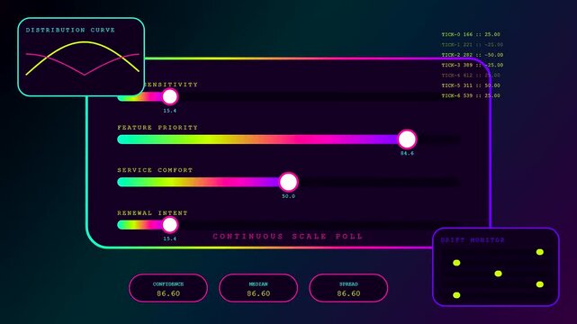 A digital interactive poll interface featuring adjustable sliders and shifting line charts shows data fluctuations for user input metrics on a dark glowing gradient grid surface