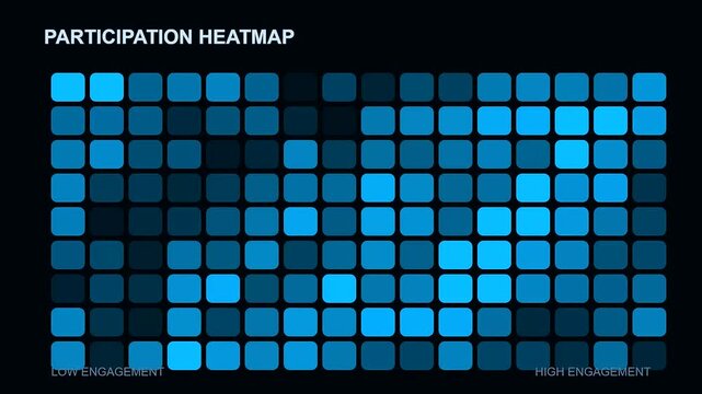 A digital interactive poll display shows changing user participation trends across three unique panels featuring bright blue squares on a dark black digital screen interface