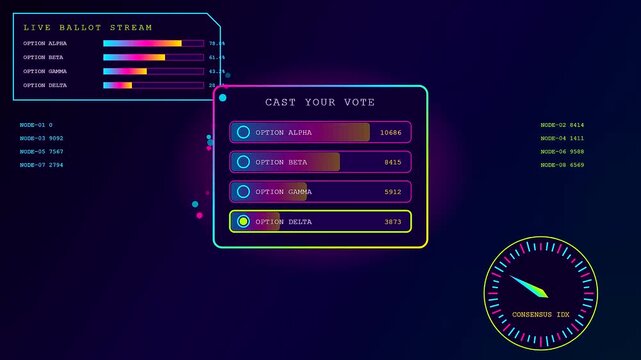 Digital displays showing an interactive poll with vibrant glowing progress bars and numerical data points shifting across three screens to visualize complex statistical user voting metrics