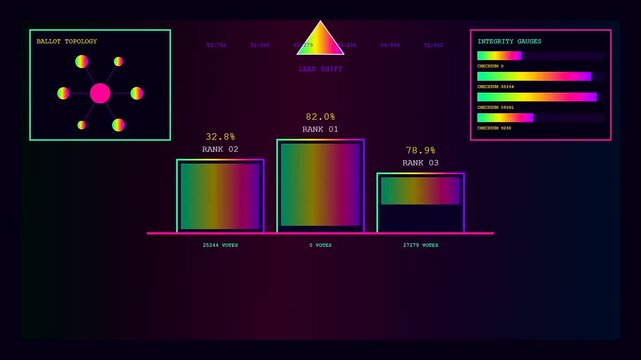 An interactive poll visual interface displays changing election statistics across three distinct screen captures showing shifting voter rank data and gradient bar chart graphics