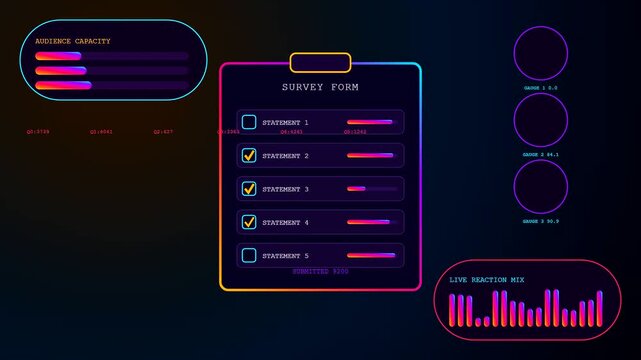 An interactive poll interface featuring glowing neon UI elements displayed on a dark virtual canvas to show real time survey results and audience feedback metrics