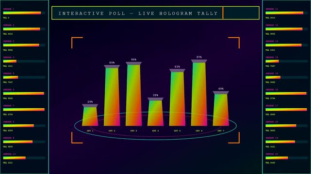 a colorful digital interactive poll shows changing bar graphs and live statistics on a dark computer screen interface used for analyzing user opinion data